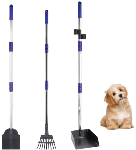 JMIATRY Lot de 3 Ramasse Crotte pour Chien, Pelle a Crotte pour Chien Manche Long Réglable Palette en Métal, Râteau pour Grands et Moyens et Petits Chiens