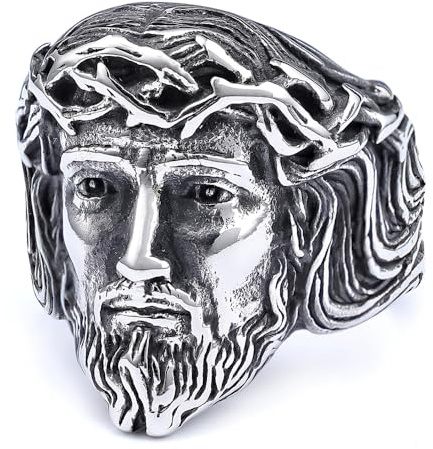 Vintage Jesus Head Signet Stainless Steel Ring For Women Men Religious Amulet Baptism Band Antique Thumb Knuckle Ring Hip Hop Biker Baptism Christian Catholic Costume Gifts Accessories
