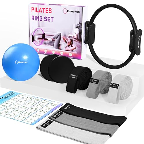 Goocrun Pilates-ringset, träningsutrustning med tygmotståndsband, pilatesboll, glidskivor – träningsutrustning för hemmagym, inklusive komplett träningsaffisch (svart)
