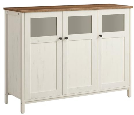 VASAGLE Mobiletto Multiuso, Credenza, Armadietto con Ante in Vetro, per Sala da Pranzo Salotto Corridoio Cucina, Struttura in Acciaio, Stile Industriale, Marrone Miele e Bianco Vintage LSC099WJ02