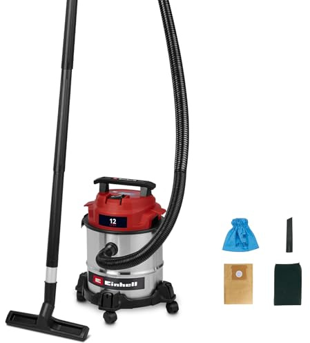 Einhell Aspirateur eaux et poussières TC-VC 1240 S (950 W, 180 mbar, 4 roulettes, cuve de 12 l, avec suceur Plat et Brosse combinée, Filtre en Mousse, Sac collecteur de poussière et Sac filtrant)