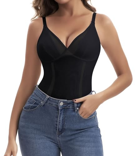Joyshaper Women V Neck Vest Top Tummy Control Camisole Shapewear Mesh Body Shaper Waist Trainer Strappy Vest Singlet Undershirt