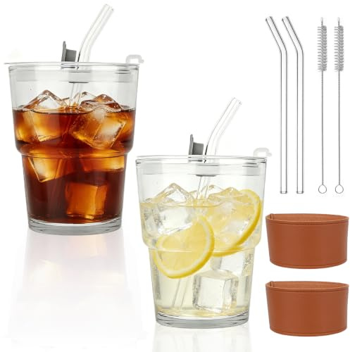MOSTFUN 2 stycken 400 ml glasmuggar med lock och sugrör, smoothie-mugg med skyddsfodral och rengöringsborste, dricksglas för kaffe, matcha, te, mjölk och cocktails, läckagesäker
