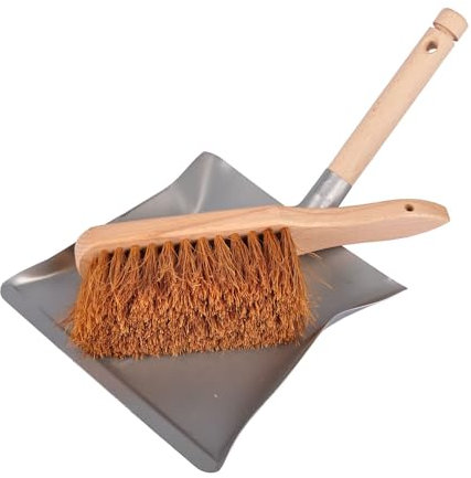 BURI Hochwertiges Kehrset aus Holz Metall Kokos Handfeger und Schaufel Kleiner Besen und Kehrschaufel Set Kehrbesen mit Holzgriffen Holzbesen mit Kokosborsten Metallschaufel nachhaltig und natürlich