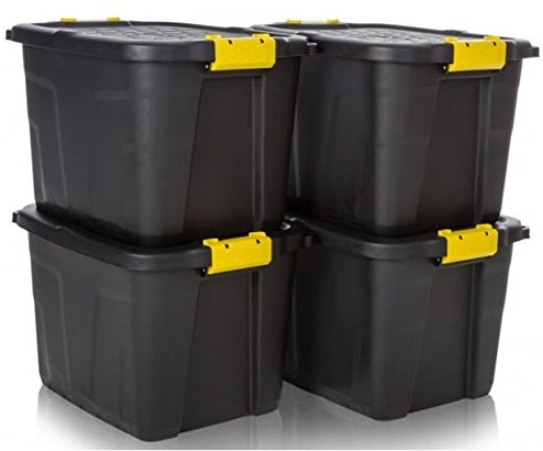Strata Heavy Duty 4 x 42L Black Storage Crates & Lids Black Yellow Handles