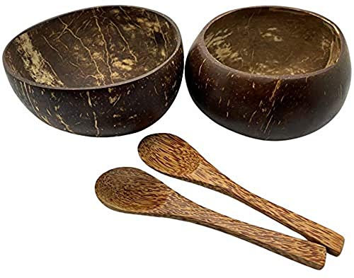 Vie Gourmet Coconut Bowls and Spoons (Set of 2)100% Natural, Hand Made,Vegan,Eco Friendly,Lightweight & Durable for Breakfast,Serving, Decoration|Beautifully Handcrafted from Reclaimed Coconut Shells