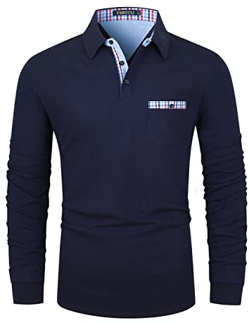 VMSUCIJ Men's Polo Long Sleeve Plaid Denim Stitched Cotton Golf T-Shirt with Real Pocket M-3XL,Blue,M