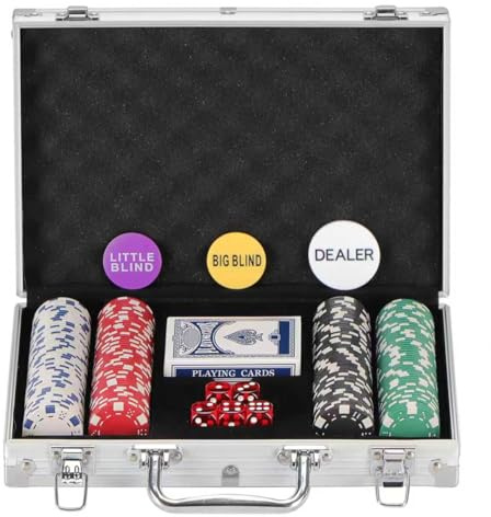 Poker Chips Set for Texas Holdem,Blackjack, Tournaments with Aluminum Case ,2 Decks of Cards, Dealer, Small Blind, Big Blind Buttons and 5 Dice,200 Piece Chips(11.5 Gram)