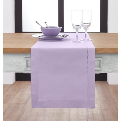Solino Home Hohlsaum Tischläufer 14 x 36 Zoll - Baumwolle Leinen Tischläufer für Frühling, Sommer, Essen, Wohnen, Hochzeit - Maschinenwaschbarer Stoff Tischläufer Lavendel Ice - Handarbeit