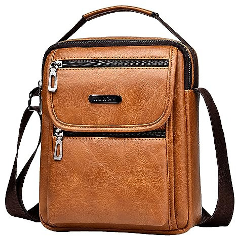 A-QMZL Umhängetasche Herren Schultertasch Crossbody PU Lede Herrentasche Vintage Umhängetaschen Handytasche Messenger Bag Umhängen Tasche Man Bag (Hellbraun)