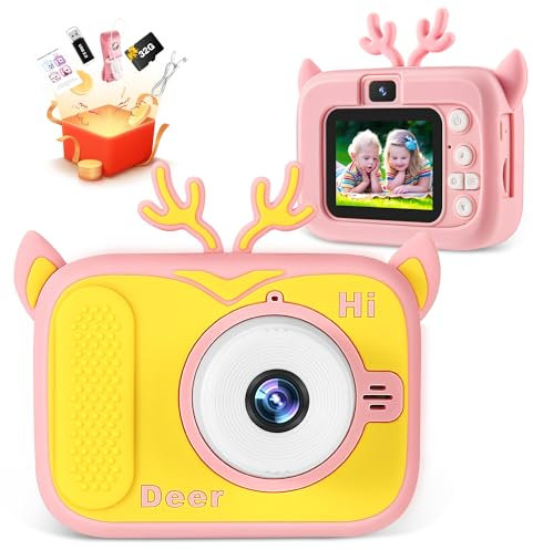 Bistfy Camara Fotos Infantil 48MP y 1080P HD Digital Selfie Video Cámara para 3-12 Años Niños y Niñas, 2.4 Pantalla IPS con 32GB SD Card Cámara Digital para Niños (Cervatillo Rosa)