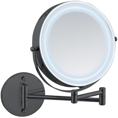 WENKO Power-Loc® LED Wandspiegel Mod. Lumi, Kosmetikspiegel mit Beleuchtung, 5-Fach Vergrößerung, ohne Bohren, Spiegelfläche Ø 17,5 cm