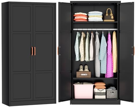 Greenvelly Metal Wardrobe Closet with Doors and Shelves,72 Black Armoire Wardrobe Closet for Hanging Clothes for Home,Bedroom,School,Employee,Gym(36 W x 18 D,Warm Style)