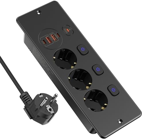 Inbyggt uttag med USB, bordsuttag med oberoende brytare, infällbart 1,8 m kabel, flera 3 fack, överspänningsskydd, 3 250 W, för kök, kontor, svart