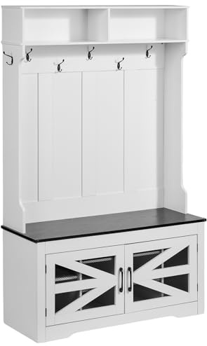 VEVOR Porte-Manteau en Bois, Meuble d’Entrée avec Banc et Rangement pour Chaussures, Support Manteau sur Pied, Vestiaire avec Étagères Réglables, 7 Crochets et Bande Lumineuse USB, pour Couloir, Blanc