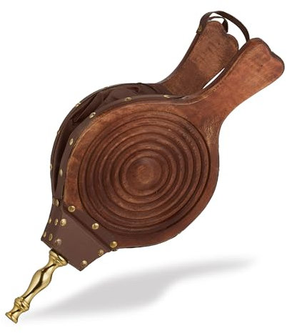 Relaxdays Fuelle para Chimenea, Soplador Barbacoa, Ventilador Madera de Mango, Largo de 47 cm, Rústico, Marrón y Dorado, Plástico, Aluminio, 47 x 21 x 4 cm