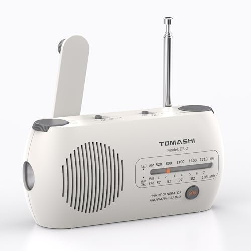 TOMASHI Portable AM/FM Radio with Flashlight, Rechargeable & Battery Operated, Hand Crank Power Option for Home and Everyday Use