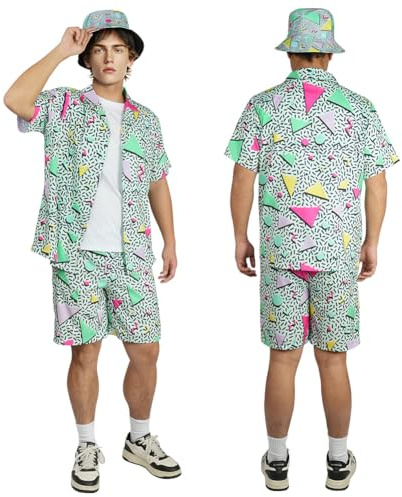 AYBUY Deguisement Année 80 90 Homme Femme, Costume Rétro Manches Courtes et Shorts avec Chapeau de Pêcheur Déguisement Disco pour Carnaval, Soirée Deguise, L