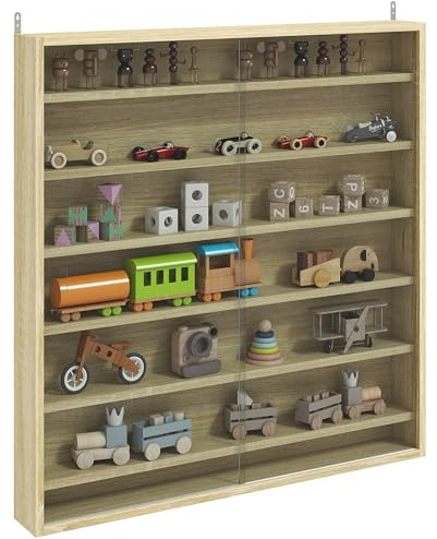 HOMCOM 7-Tier Wall Mounted Display Cabinet, Display Case with 6 Adjustable Shelves, Glass Doors for Home Office Ornaments 83x80cm, Oak