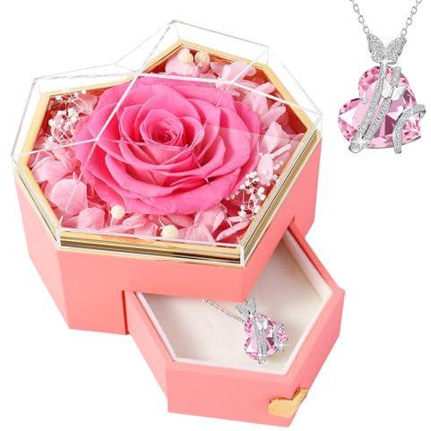 PatNlevs Rose Eternelle avec Collier en Forme de Cœur et Boîte à Bijoux, Coffret Femme, Coffret Cadeau Noel Saint Valentin Femme Anniversaire Fete des Mere Cadeau Maman (Rose)
