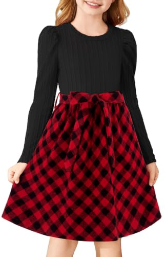 Arshiner Vestito a Maniche Lunghe a Sbuffo, Maglia a Coste, Patchwork a Quadri, Vestito da Principessa per Le Feste, Vestitos Autunnali e Invernali con Tasche per Ragazza dai 4 ai 14 Anni | Abito da bambina in maglia a costine a sbuffo, a maniche lunghe, patchwork, con cintura, con tasche, 5-14 anni