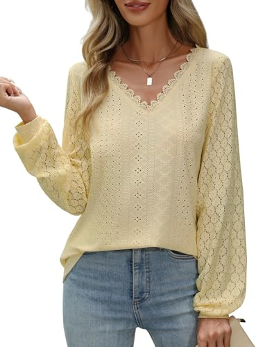 CMTOP Camicia Donna Elegante Camicette a Manica Lunga in Pizzo Blusa Scollo a V Tunica Bluse Maniche a Palloncino Casual Maglie Tops Autunno