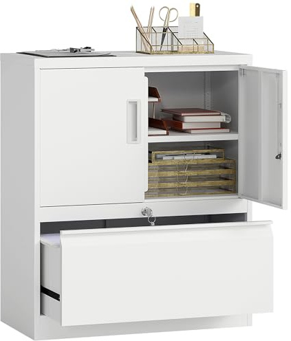 HOMCOM Aktenschrank Büroschrank Abschließbar Mehrzweckschrank aus Stahl Aufbewahrungsschrank mit Schublade, 2 Türen, Verstellbaren Regalen, Schrank Lagerschrank Allzweckschrank Weiß