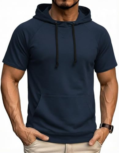 COOFANDY Kortärmad huvtröja för män, sport, huvtröja, gym | Kortärmad huvtröja, lätt stretch, känguruficka, perfekt för gym och fritid, normal passform