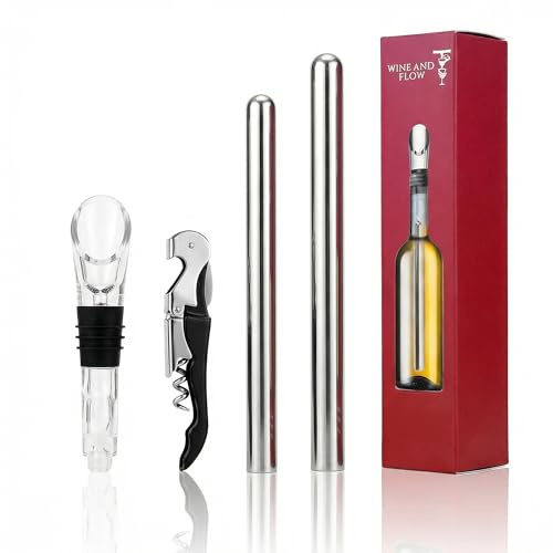 Wine and Flow Vinflaskkylare Kit 5-i-1 – 2 kylpinnar i rostfritt stål med hällare, kork och korkskruv – Isfrí flaskkylare, presentidé