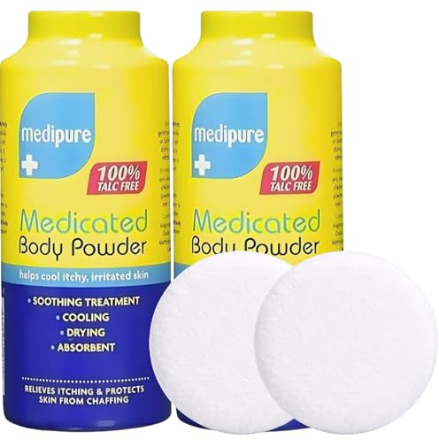 Medipure Medicated Body Powder Twin Pack with Powder Puffs | 100% Talc Free Cooling & Absorbent Powder | Helps Soothe Itchy, Irritated Skin, Anti-Chafing | Suitable for Adults,Children & Babies
