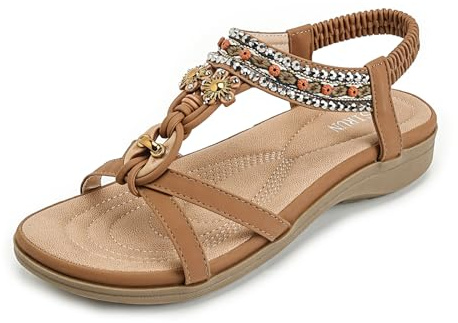 AFJYG Women's Flat Sandals Ladies Bohemian T-Bar Summer Beach Slip-on Sandals with Elastic Back Strap,beige,6 UK