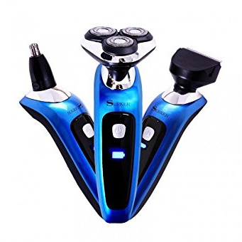 Surker Rscx-9598 Rasoir Electrique Homme 3 en 1 Rasoir Rotatif de 3 Têtes Rasoir Barbe Rechargeable Lavable sans Fil pour Barbe Cheveux Nez (Bleu)