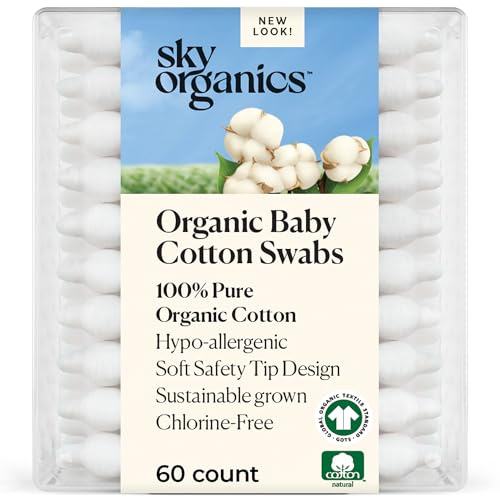 Sky Organics - Organic Baby Cotton Swabs, 60 ct. - Ultra Soft Baby Safe Tips - Strong & Durable - Hypoallergenic - Chlorine Free - Natural, Vegan & Cruelty Free - Skin Care & Baby Care