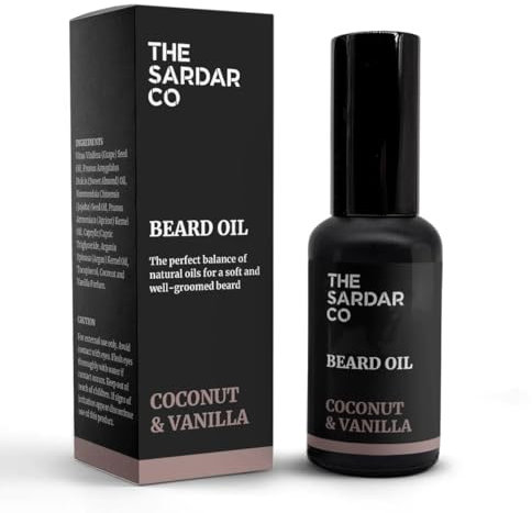 THE SARDAR CO Coconut & Vanilla Beard Oil – Deep Hydration & Conditioning – Organic Argan & Jojoba for Growth, Softness & Nourishment – Lightweight, Non-Greasy Formula – 30ml