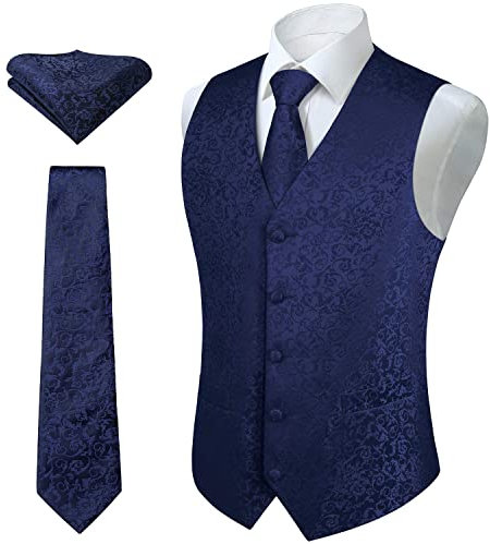 HISDERN Herren FLoral Hochzeit Weste Krawatte Einstecktuch Taschentuch Jacquard Weste Anzug Set
