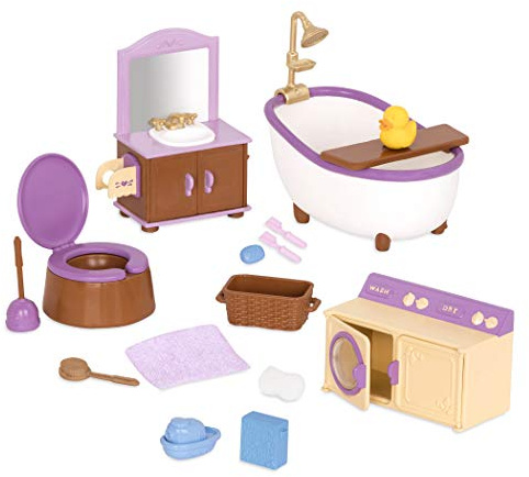 Li’l Woodzeez Set bagno e lavanderia, mobili giocattolo per figurine | Set da 16 con vasca, lavandino con specchio, water, lavatrice-asciugatrice e accessori per il gioco di ruolo, 3+ anni