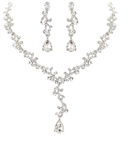 Clearine Juegos de Joyas de Mujer Boda Nupcial Hoja Lágrima Cristal Collar Pendiente Conjunto Filigrana Joyería Conjunto,Color ClaroB Plata-Tono