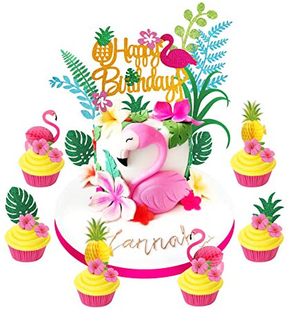 Regendeko Happy Birthday Flamingo Ananas Kuchen Deko Montera Tropical Hawaii deko Tortendeko Cake Toppers Geburtstagskuchen Deko