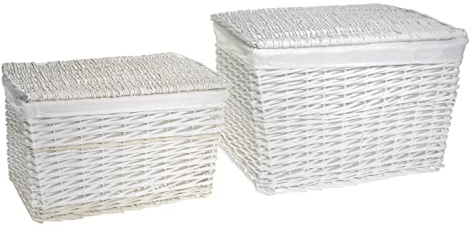 HERSIG - Set 2 Baules Mimbre Natural | Cestas Grandes Rectangulares con Tapa y Forro - 58 x 38 x 38 cm / 50 x 32 x 32 cm - Color Blanco
