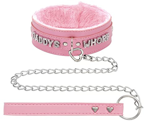 ADEMISHIA Pink Fluffy Choker Necklace For Women, Soft Plush Leather Collar With Rhinestones Letters Punk Gothic Cosplay Jewelry