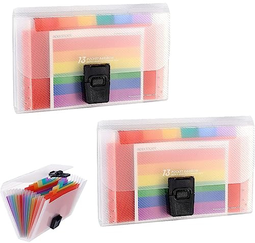 2Pcs Rainbow Flash Card Holder Portable A6 Accordian File Organiser 13 Pockets Flash Card Holder Mini Ticket Expanding Folders for Cards Bills Coupons Receipt