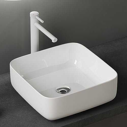 doporro Aufsatzwaschbecken Keramik Waschbecken 385x385x140 mm weiß glänzend Gäste WC Handwaschbecken Waschtisch Brüssel106