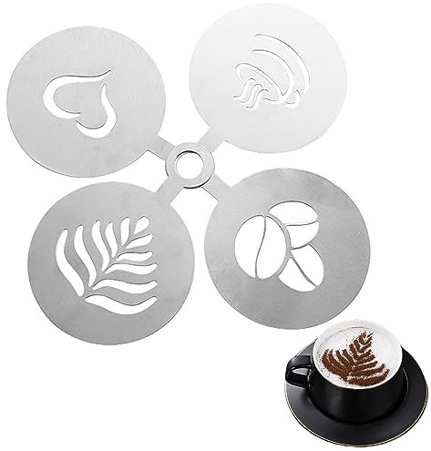 WUDQIJI Kaffestenciler av rostfritt stål 4 stycken cappuccino stenciler kaffe tillbehör kaffedekoration stenciler kaffe dekoration stenciler kakmall för latte-konst (silver)