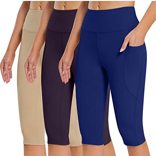 3-teilige Yogahose für Damen, hohe Taille, knielange Leggings, Fitnessstudio, Workout-Leggings mit Taschen, Übung, Caprihose, Pnats, leger, 3/4-Hose für Frühling/Sommer, khaki, XXL