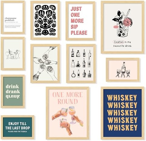 97 Decor Bar Cart Accessories and Alcohol Posters, Vintage Drink Pictures, Retro Trendy Wall Art Prints, Cocktail Decorations for Home (8x10 Unframed)