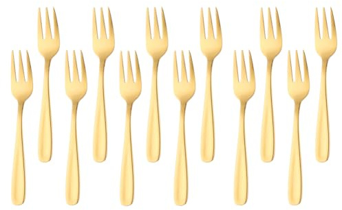 SBOMHS 12 forchette da dessert in acciaio inox, forchette da frutta, piccola forchetta per matrimoni, torte, tè, 13,6 cm, lunghezza 5,35 pollici (oro)