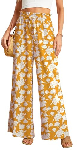 JINKESI Women Wide Leg Pants High Waist Loose Flowy Adjustable Tie Knot Trousers Business Casual Pants with Pockets Yellow White Flower-Large
