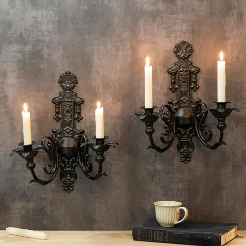 Candle Sconce(Set of 2)-Metal Gothic Wall Decorations-Rustic Home Decor-Black Wall Candle Sconces,Ideal for Stick Candles