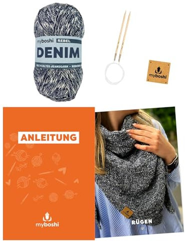 myboshi Strickset Tuch Rügen für Anfänger, inkl. Jeansgarn, Rundstricknadel, Anleitung und Label, 50% recyceltes Denim, 50% Baumwolle (Bio), Blau, mit Rundstricknadel