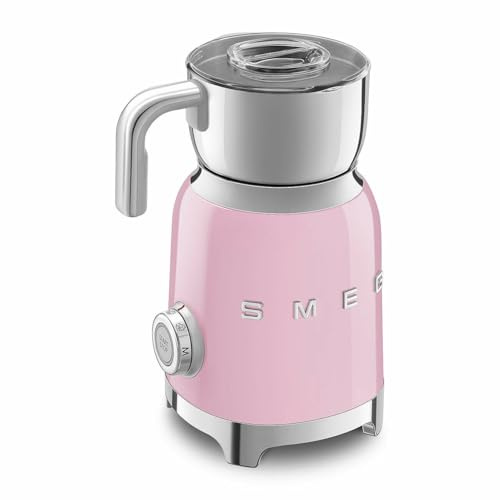 SMEG Espumador de leche estilo retro de los años 50 con 2 discos, 6 programas preestablecidos, espuma caliente o fría y calefacción por inducción (rosa)